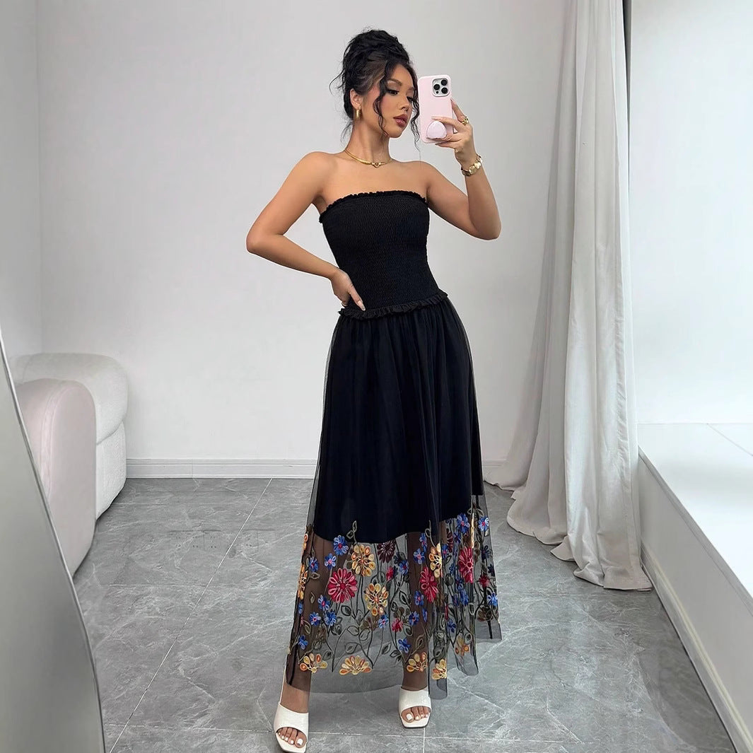 Damen Maxi-Kleid mit floralem Tüllsaum und elastischem Oberteil EB