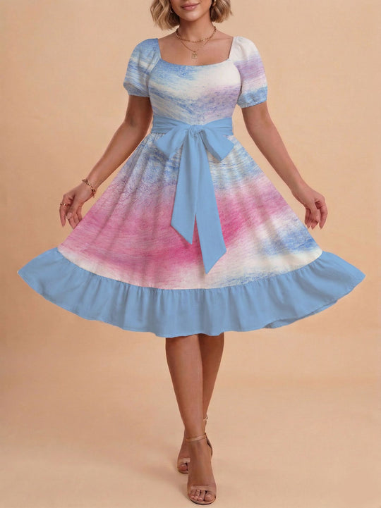 Damen Retro Maxikleid mit Puffärmeln und Taillengürtel EB