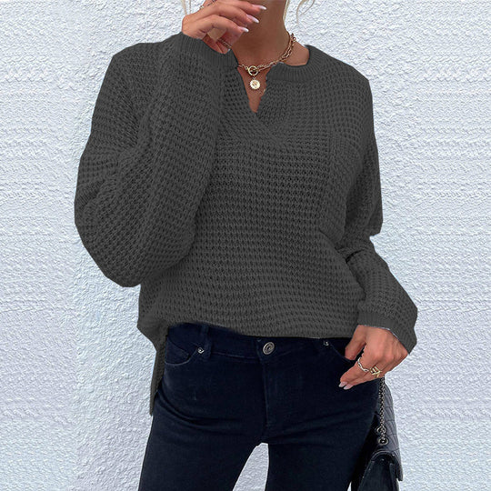 Damen lässiger Strickpullover mit V-Ausschnitt und enganliegendem Bund EB