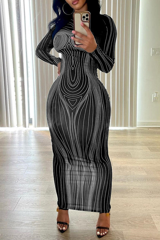 Damen Figurbetontes Langarmkleid mit einzigartiger Linienstruktur EB