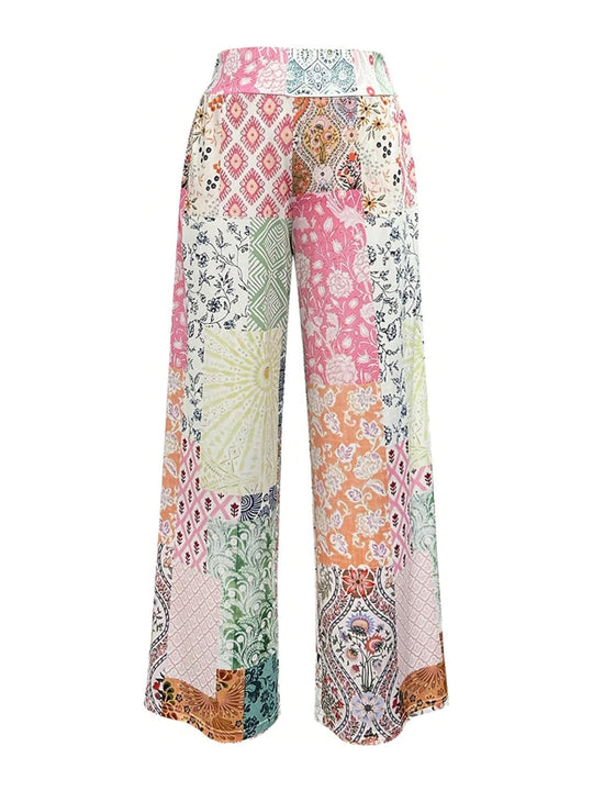 Damen Komfortable weite Stoffhose mit buntem Patchwork-Muster EB