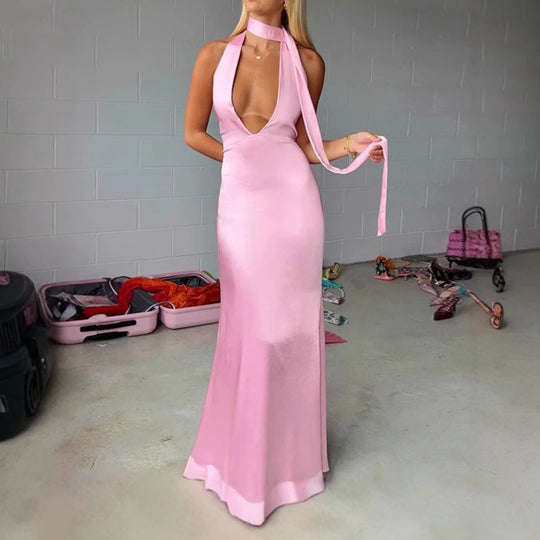 Damen Elegantes Maxikleid mit tiefem V-Ausschnitt und schmalem Bindegürtel EB
