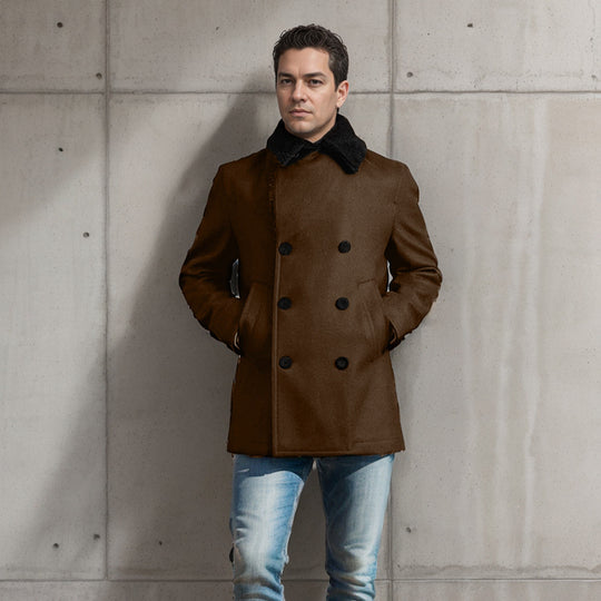 Herren modischer Doppelreihen-Wollmantel mit Teddyfellkragen EB