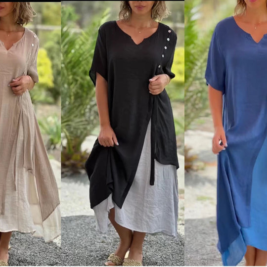 Damen Midi-Kleid mit seitlichem Schlitz und knöpfbarem Detail EB
