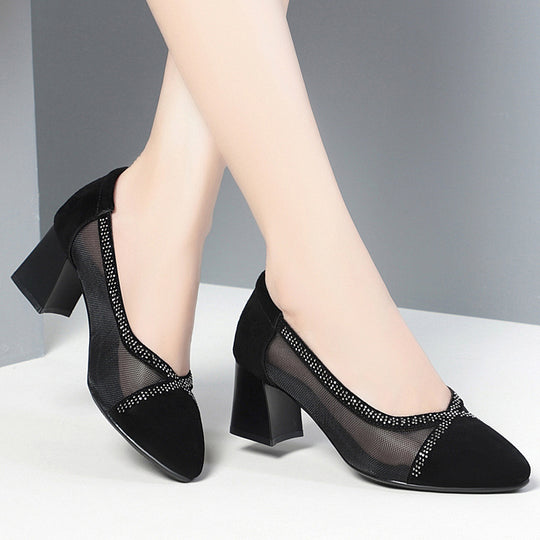 Damen Elegante Ballerinas mit transparentem Mesh-Einsatz und funkelndem Strassdetail EB