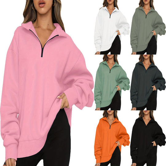 Damen nan Oversized Sweatshirt mit Kurzreißverschluss, Stehkragen und Kängurutasche EB