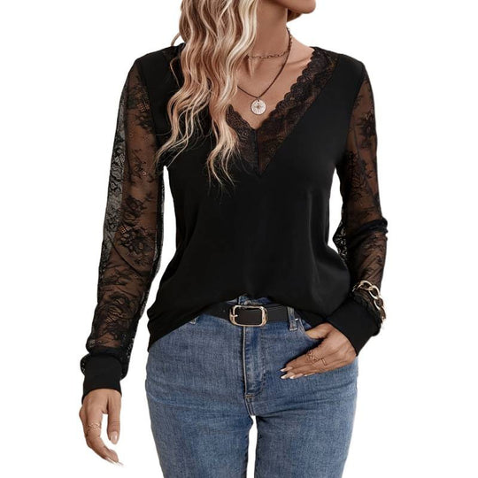 Damen Elegantes Oberteil mit transparenten Spitzenärmeln und tiefem V-Ausschnitt EB