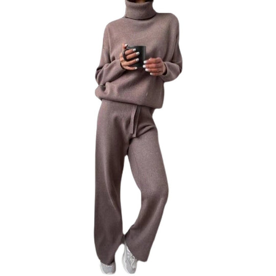 Damen elegantes Strick-Loungewear-Set mit hohem Kragen und weitem Bein EB