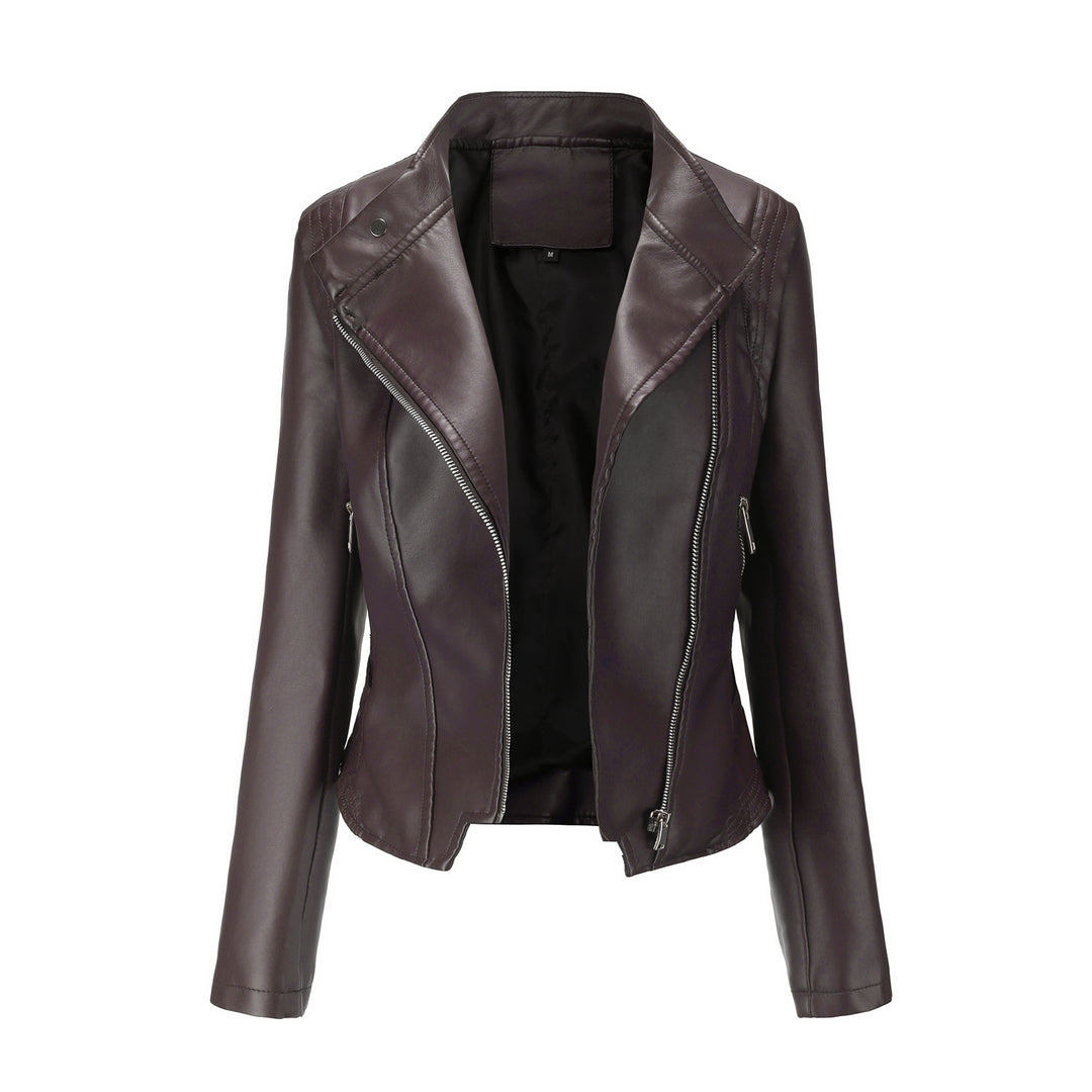 Damen nan kurze taillierte Bikerjacke aus Kunstleder mit asymmetrischem Reißverschluss EB