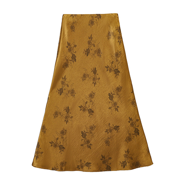 Damen  taillenhoher A-Linien-Midirock aus jacquardähnischem Satin mit floralem Relief EB