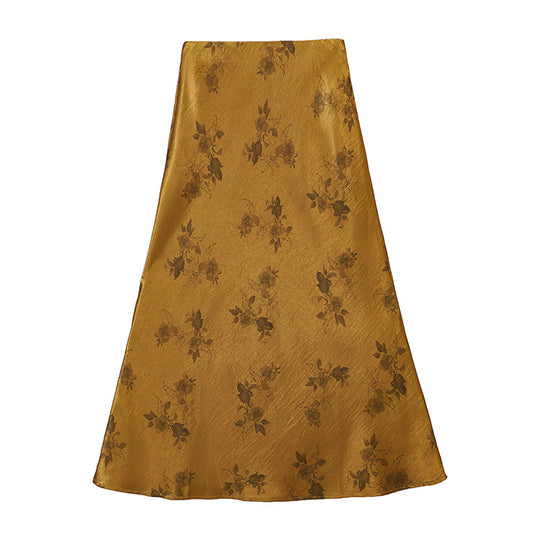 Damen  taillenhoher A-Linien-Midirock aus jacquardähnischem Satin mit floralem Relief EB