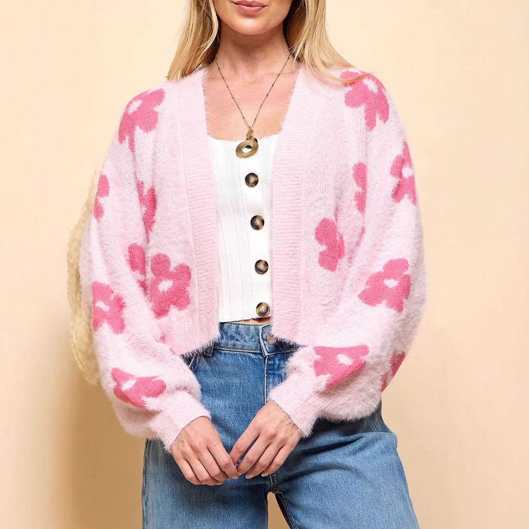 Damen Flauschiger Cardigan mit Blumenmuster EB