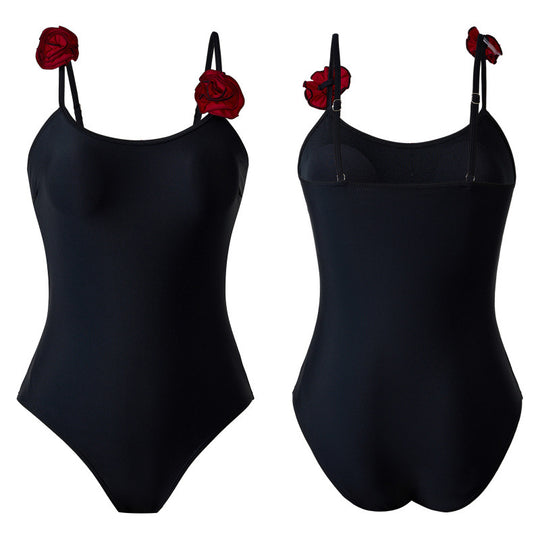 Damen Einteiler Badeanzug mit dekorativen Blumenapplikationen und elegantem Wickelrock EB