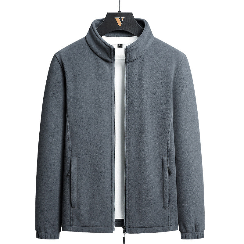 Herren minimalistischer Microfleece-Cardigan mit Stehkragen, Zwei-Wege-Reißverschluss und elastischen Bündchen EB