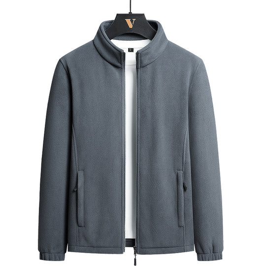 Herren minimalistischer Microfleece-Cardigan mit Stehkragen, Zwei-Wege-Reißverschluss und elastischen Bündchen EB