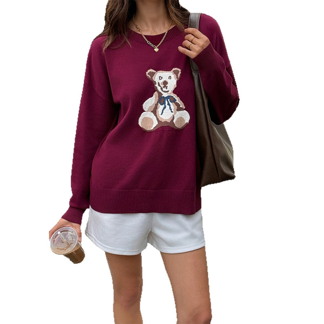 Damen nan Oversize-Strickpullover mit eingestricktem Teddybärmotiv und Rippbündchen EB