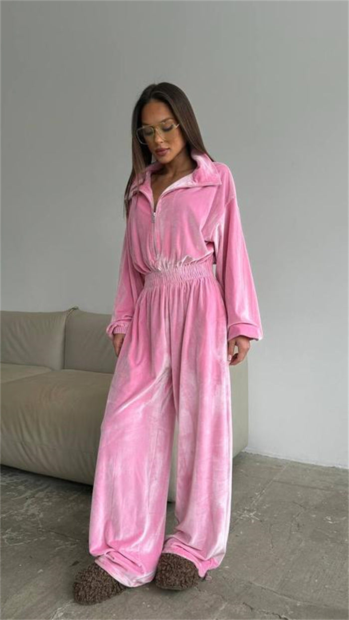 Damen Samt-Jumpsuit mit weitem Bein, elastischer Taillenpartie und Stehkragen EB