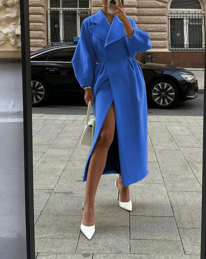 Damen Maxi-Wickelmantel mit seitlichem Schlitz und Ballonärmeln EB