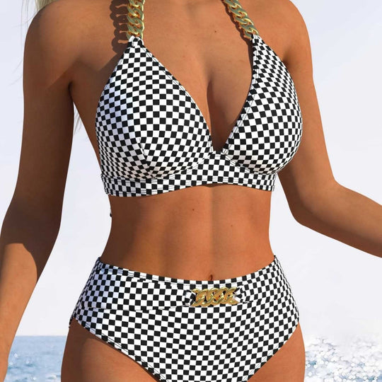 Damen Bikini-Set mit stilvollem Karomuster und goldfarbenen Akzenten EB