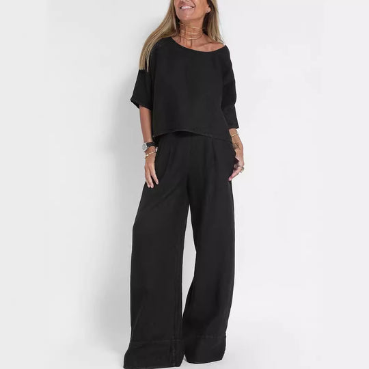 Damen lässiges Leinen-Set mit weitem Oberteil und palazzo Hosen EB