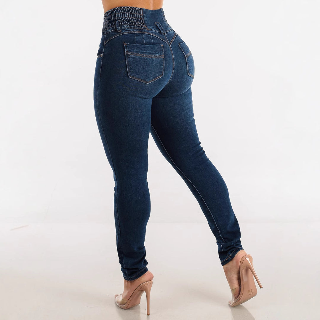 Damen Slim Fit Jeanshose mit elastischem Bund und Knopfverschluss EB