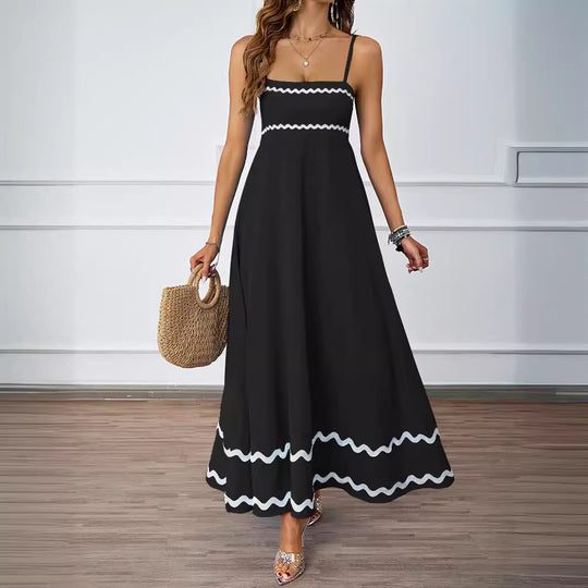 Damen Lange Maxi-Kleid mit Spaghetti-Trägern und dekorativem Saum EB