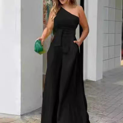 Damen Eleganter One-Shoulder Jumpsuit mit weitem Bein und Taillengürtel EB