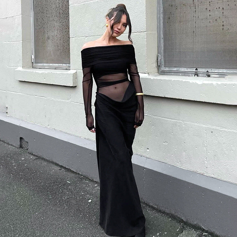 Damen Maxikleid mit schulterfreiem Design und fließendem Stoff EB