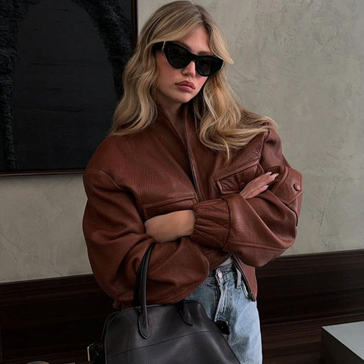 Damen Modische Kunstlederjacke mit einzigartigen Taschen und elastischen Rippabschlüssen EB
