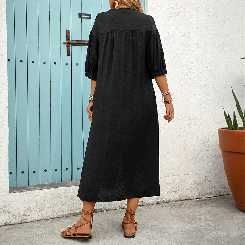 Damen Besticktes Hemdblusenkleid A‑Linie mit Knopfleiste und 3/4‑Ballonärmeln EB