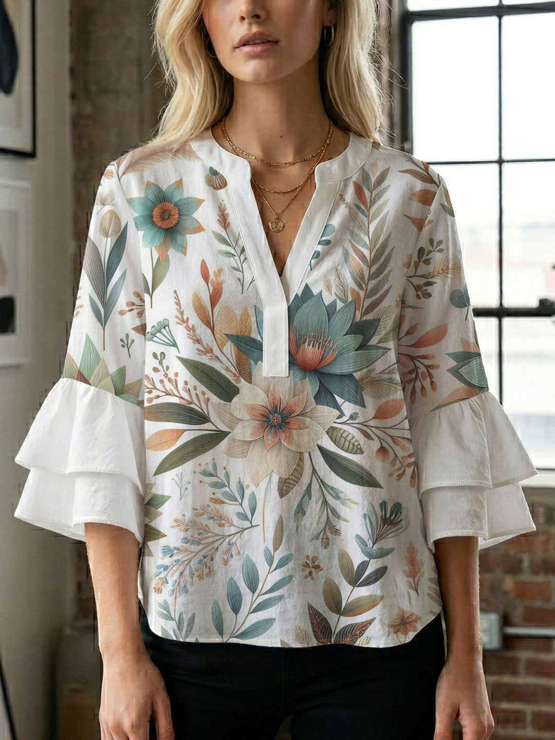 Damen Blusenshirt mit voluminösen Ärmeln und kreativem Druckdesign EB