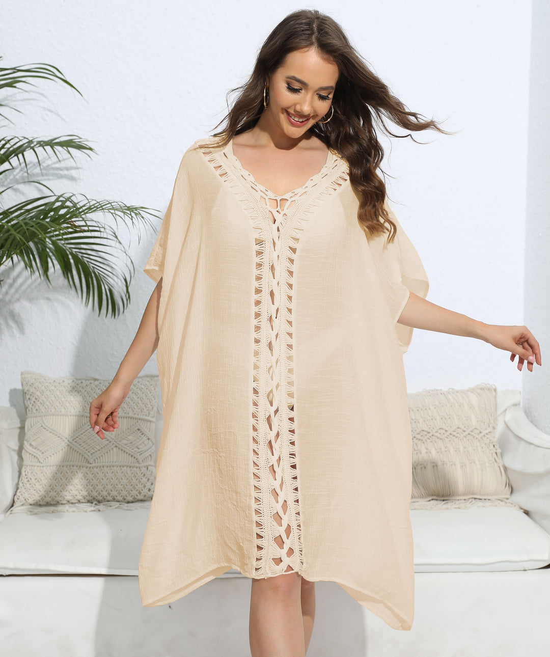 Damen luftiger Kaftan mit filigranem Häkelmuster EB