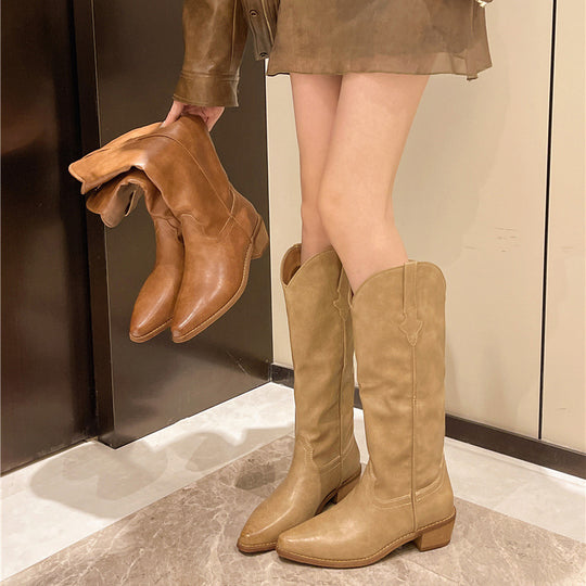 Damen elegante Cowboy-Stiefel mit modischem Schnitt und robustem Blockabsatz EB