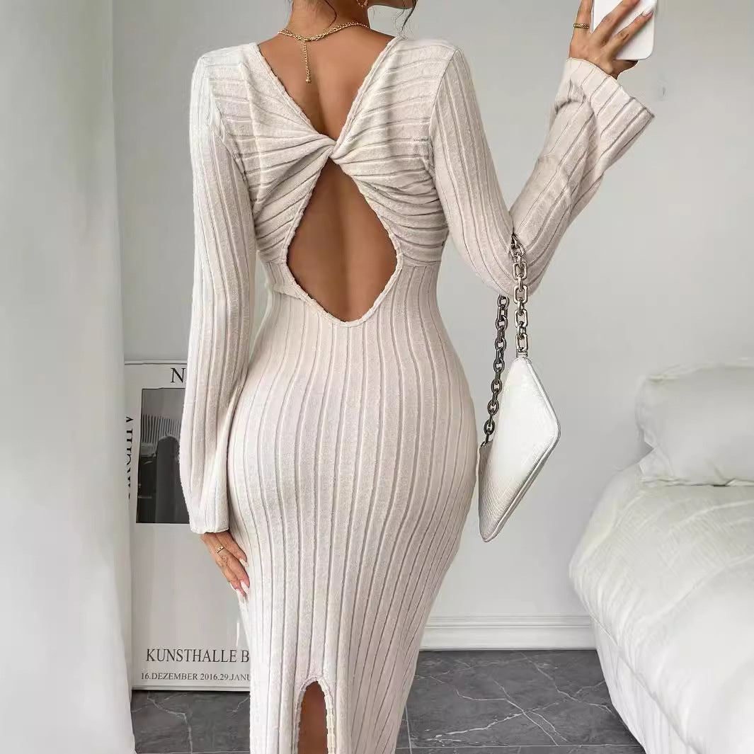 Damen geripptes Midaxi-Kleid mit U-Ausschnitt, figurbetonter Stretch-Silhouette und ausgestellten Ärmeln Eichborn Berlin