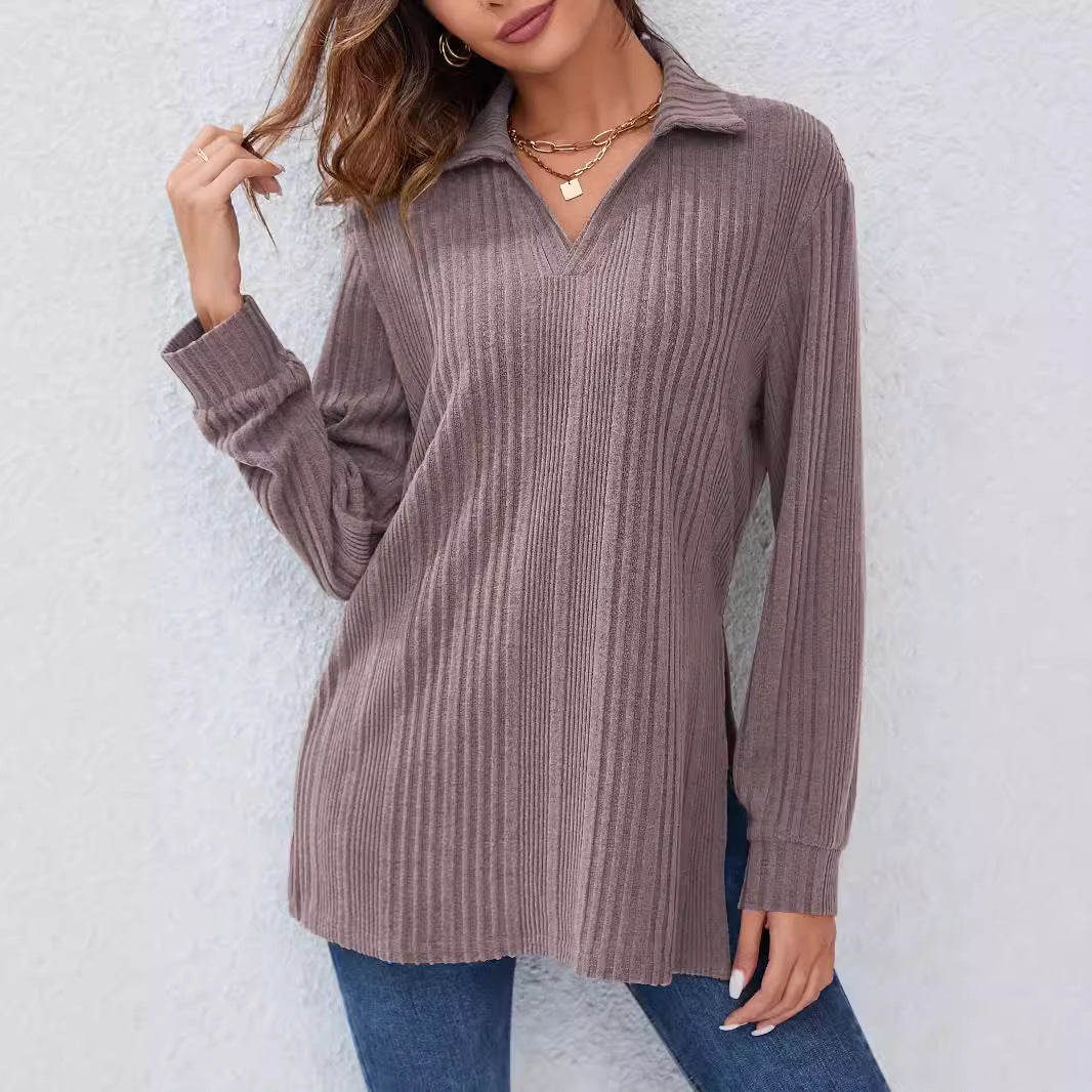 Damen Langarm Shirt mit strukturiertem V-Ausschnitt und schmalen Rippdetails EB