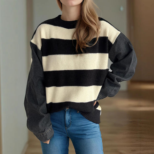 Damen lässiger Strickpullover mit auffälligem Blockstreifenmuster und weiten Ärmeln EB