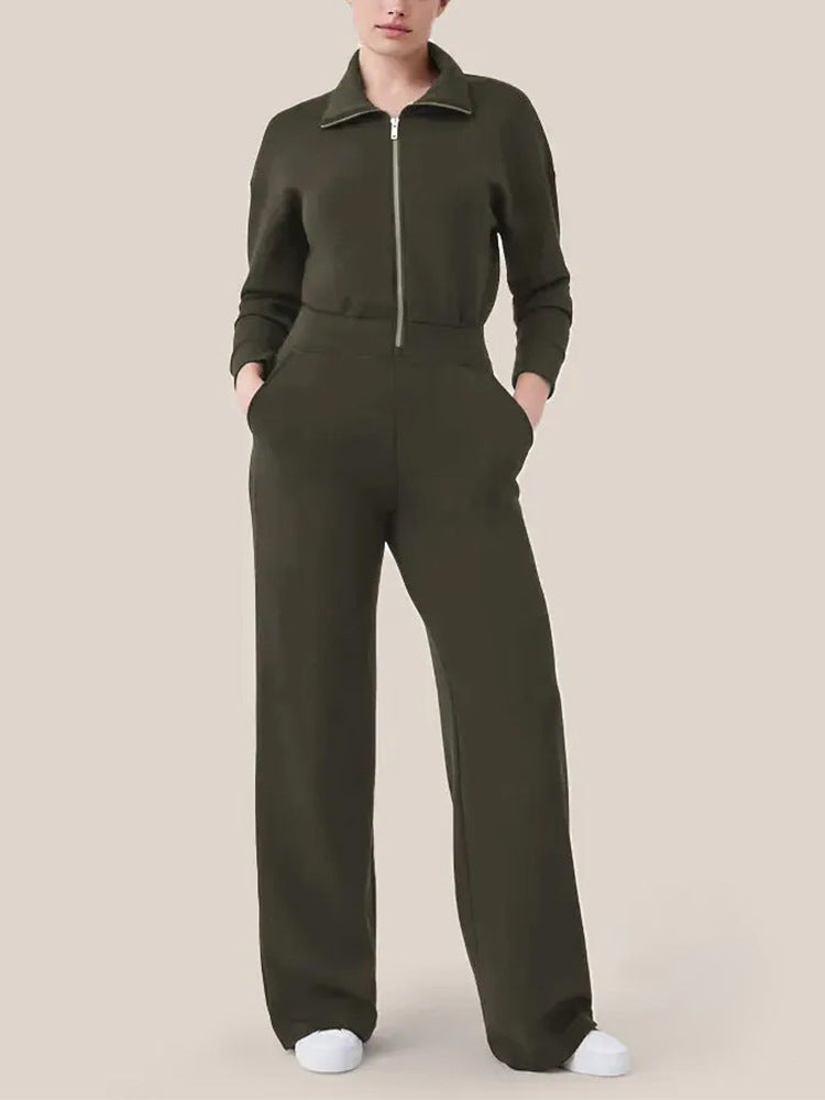 Damen Luxuriöser Lounge-Jumpsuit mit elegantem Stehkragen und praktischem Reißverschluss EB