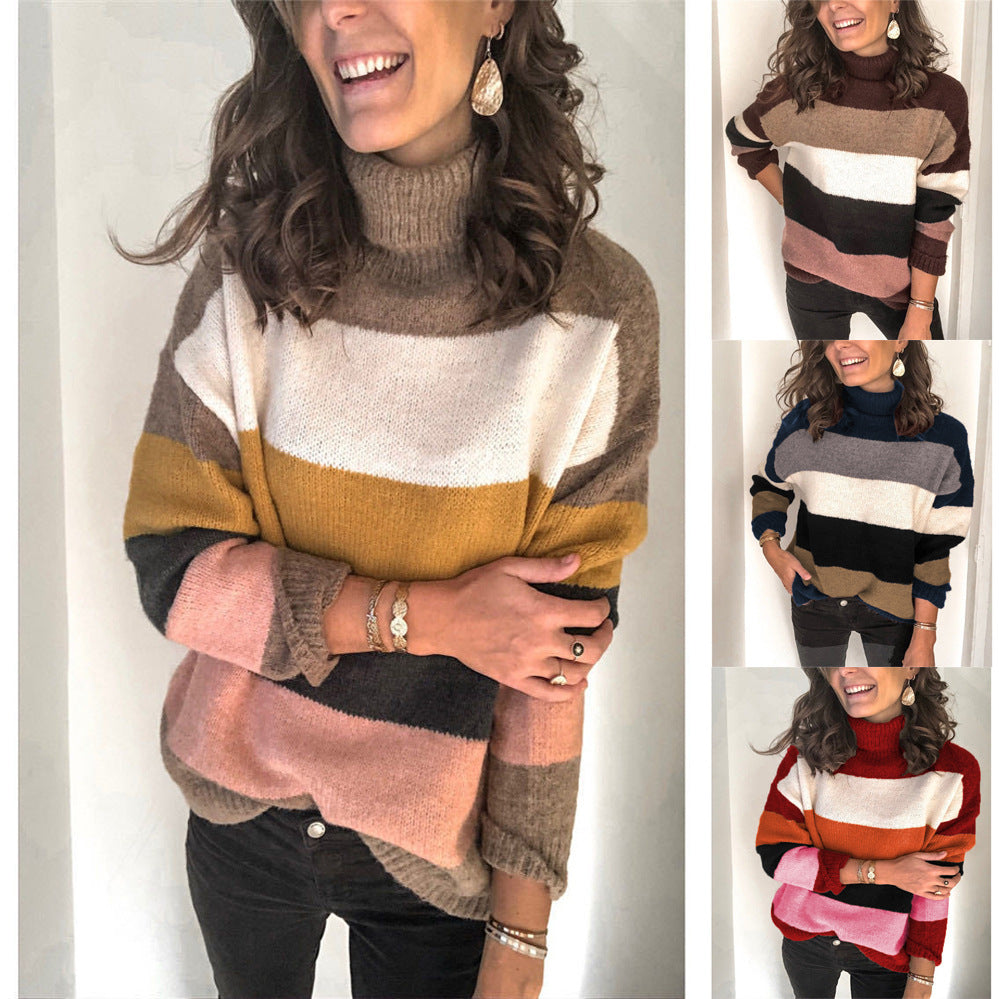 Damen modischer Strickpullover mit lässigem Rollkragen und farbiger Blockgestaltung EB