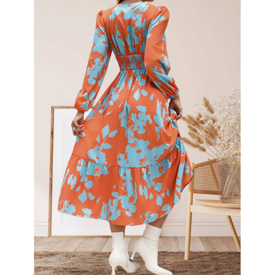 Damen Langarm Maxikleid mit floralen Mustern und voluminösen Ärmeln EB