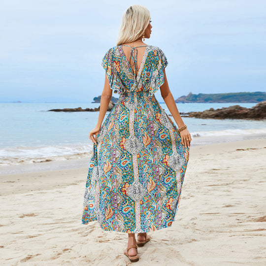 Damen Maxi-Kleid mit voluminösen Ärmeln und Paisley-Muster EB