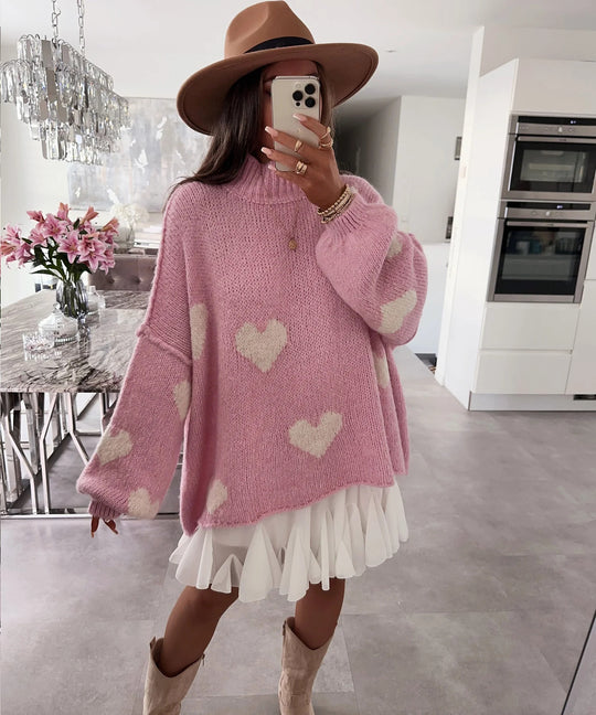 Damen grob gestrickter Pullover mit Herzmotiven und lässigem Schnitt EB