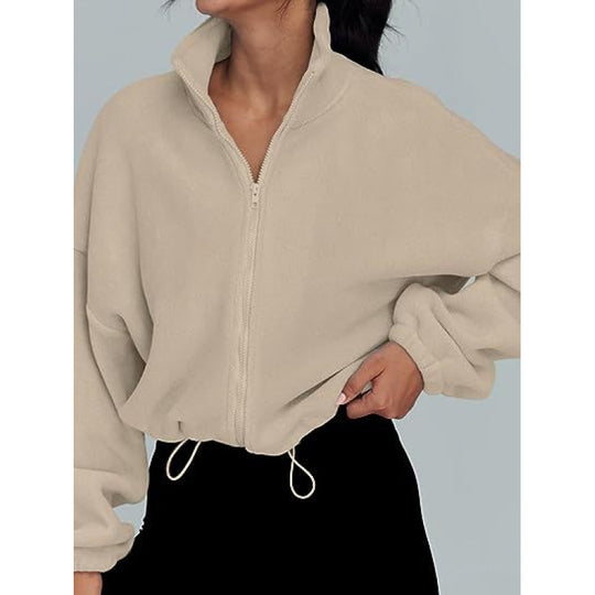 Damen trendy Oversize-Zip-Pullover mit hohem Kragen und Kordelzug EB