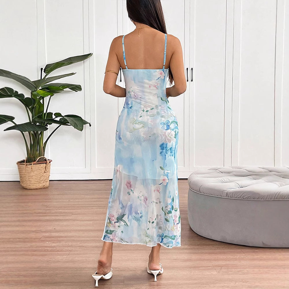 Damen fließendes Maxikleid mit Spaghettiträgern und floralem Druck EB