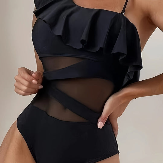 Damen Einteiler Badeanzug mit asymmetrischem Rüschendesign und eleganten Cut-Out-Details EB