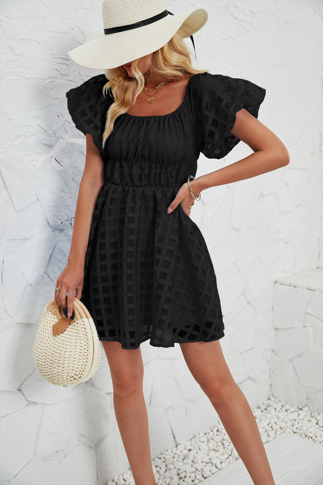 Damen Sommerkleid mit luftigen Puffärmeln und verspieltem Karo-Muster EB