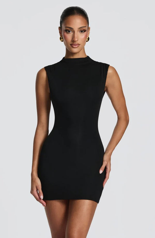 Damen Enganliegendes Stretch-Minikleid mit hohem Kragen EB