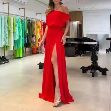 Damen Langärmeliges Kleid mit seitlichem Schlitz und off-shoulder Design EB