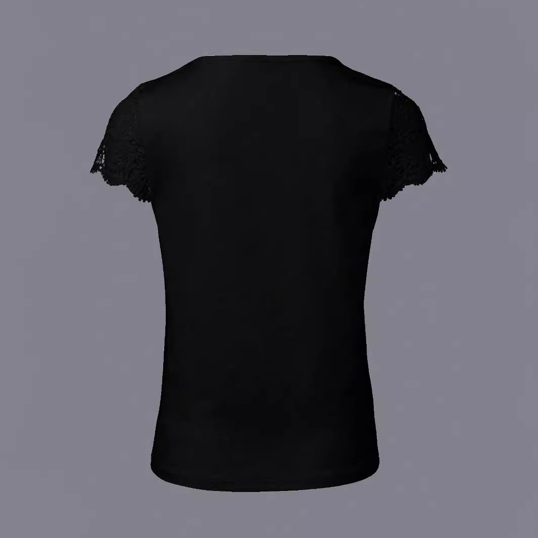 Damen V-Ausschnitt T-Shirt mit Spitzenärmeln EB