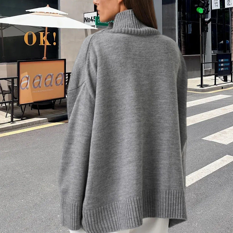 Damen Strickpullover mit hohem Kragen und weitem Schnitt EB