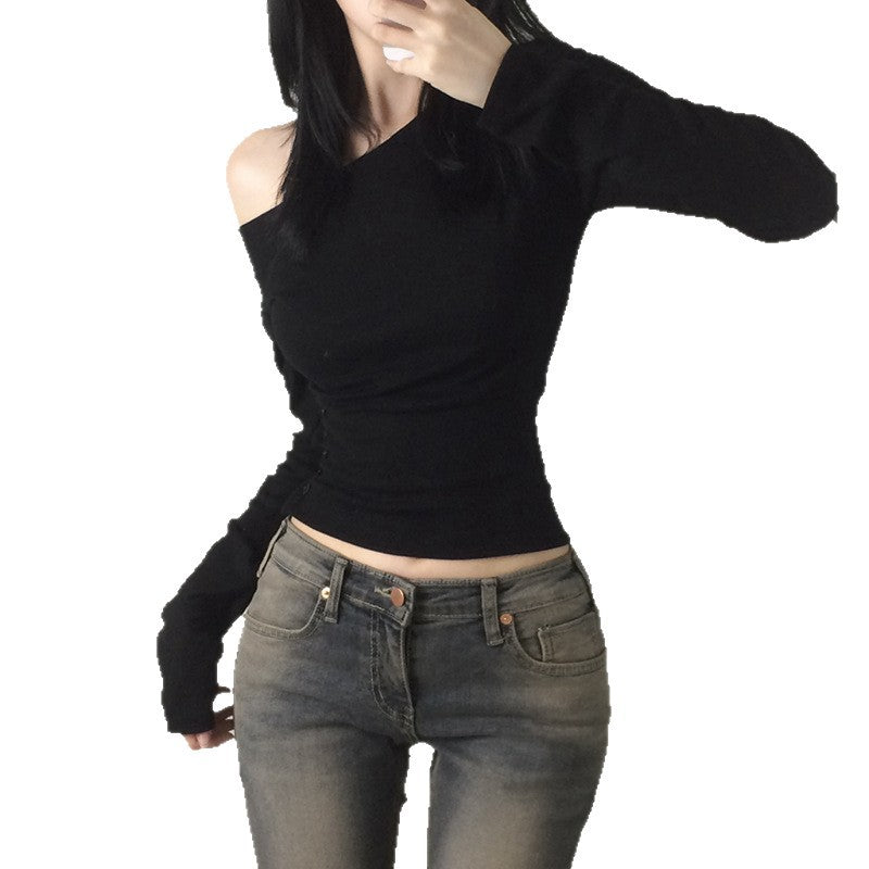 Damen nan schulterfreies Langarmshirt mit taillierter Silhouette und seitlicher Knopfleiste EB